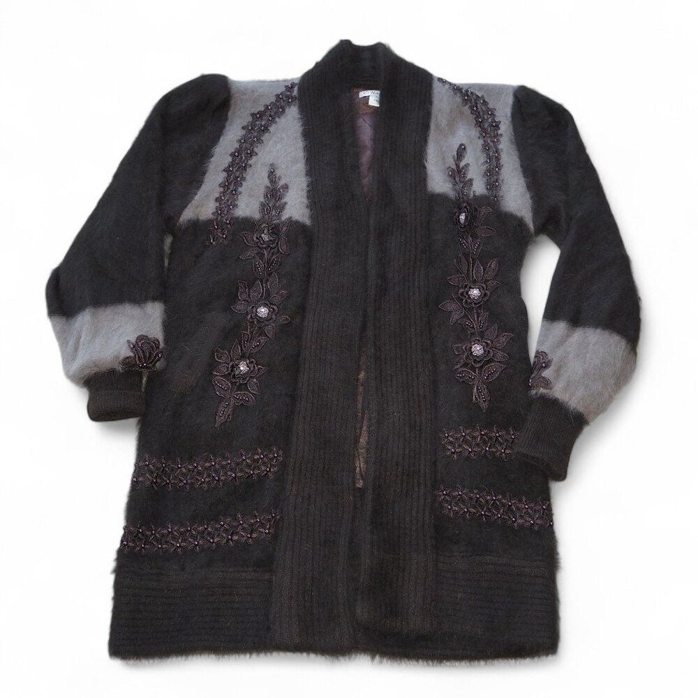 Naomi Korea Vintage Angora Lux Beaded Cardigan Sweater Brown / Grey Women's‎ SS